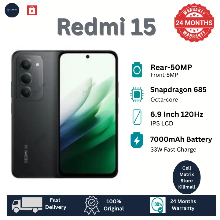 [SUPER DEALS!!!] XIAOMI Redmi 15 256GB ROM Storage +16(8+8) GB RAM 6.9 Inch 144Hz IPS LCD Display 50MP Camera 7000mAh Battery 33W Fast Charging IP64 Dust/Water Resistant Dual SIM + FREE GIFTS