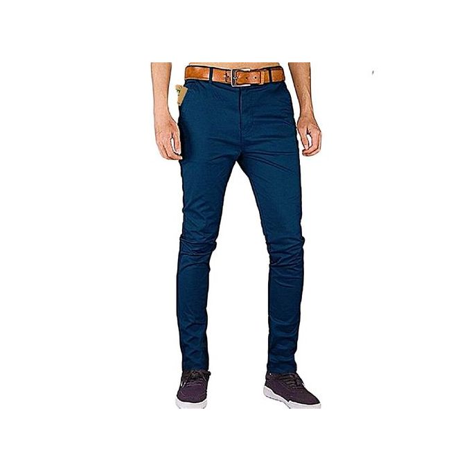 Blue Soft Khaki Trouser Stretch Slim Fit Casual+FREE MEN'S BELT