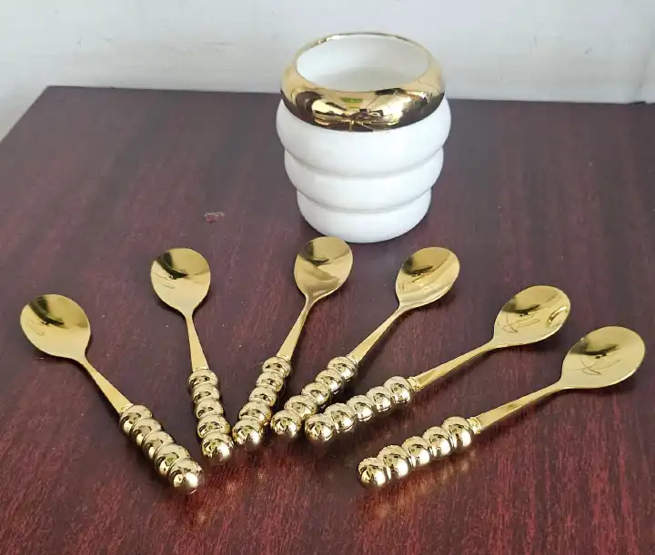 STYLISH GOLDEN CERAMIC BOWL PLUS 6 TEASPOONS 6PCS COFFEE SPOONS WITH CERAMIC JAR HOLDER, SMALL STAINLESS STEEL GOLD TEA SPOONS, MINI DESSERT SPOONS SET FOR FRUIT, STIRRING, MIXING, SUGAR, ICE CREAM, C