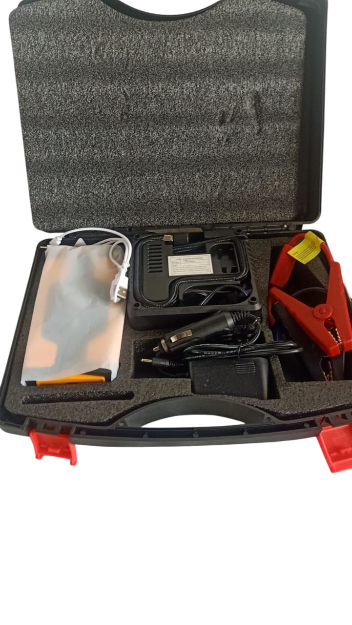 CAR JUMP STARTER KIT PORTABLE AND AIR COMPRESSOR ELECTRIC FULLY AUTOMATIC CAR BATTERY CHARGER & ENGINE STARTER - BATTERY CHARGER & MAINTAINER - FOR STANDARD, AGM, GEL & DEEP-CYCLE BATTERIES - REVERSE