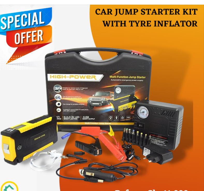 CAR JUMP STARTER KIT PORTABLE AND AIR COMPRESSOR ELECTRIC FULLY AUTOMATIC CAR BATTERY CHARGER & ENGINE STARTER - BATTERY CHARGER & MAINTAINER - FOR STANDARD, AGM, GEL & DEEP-CYCLE BATTERIES - REVERSE