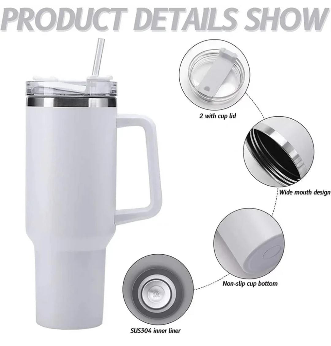 UNBRANDED STANLEY TUMBLER WITH HANDLE AND STRAW LID STAINLESS STEEL WATER BOTTLE REUSABLE INSULATED VACUUM CUP TRAVEL COFFEE MUG CUPHOLDER FRIENDLY,SIP OR SWIG LID,LEAK PROOF,BPA FREE,KEEP COLD FOR 32