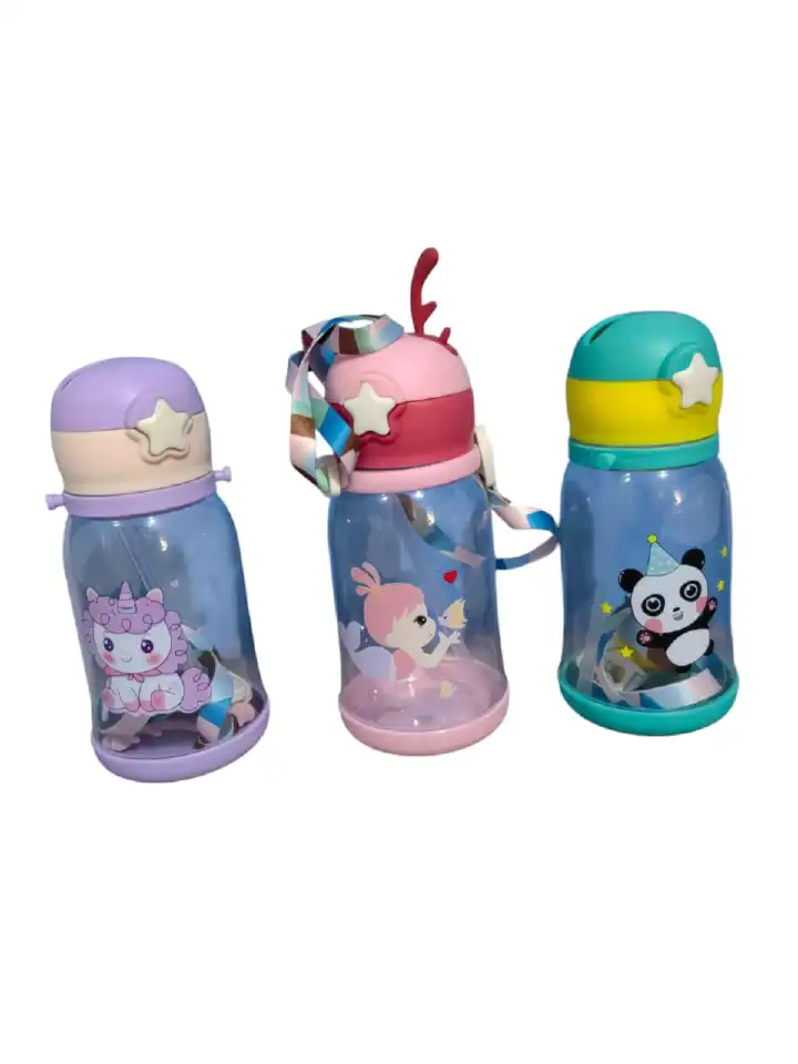 CUTE KIDS BABY WATER BOTTLE WITH STRAW NON-SPILL (ASSORTED CARTOON THEME AND DECORATION) GREEN PINK PURPLE