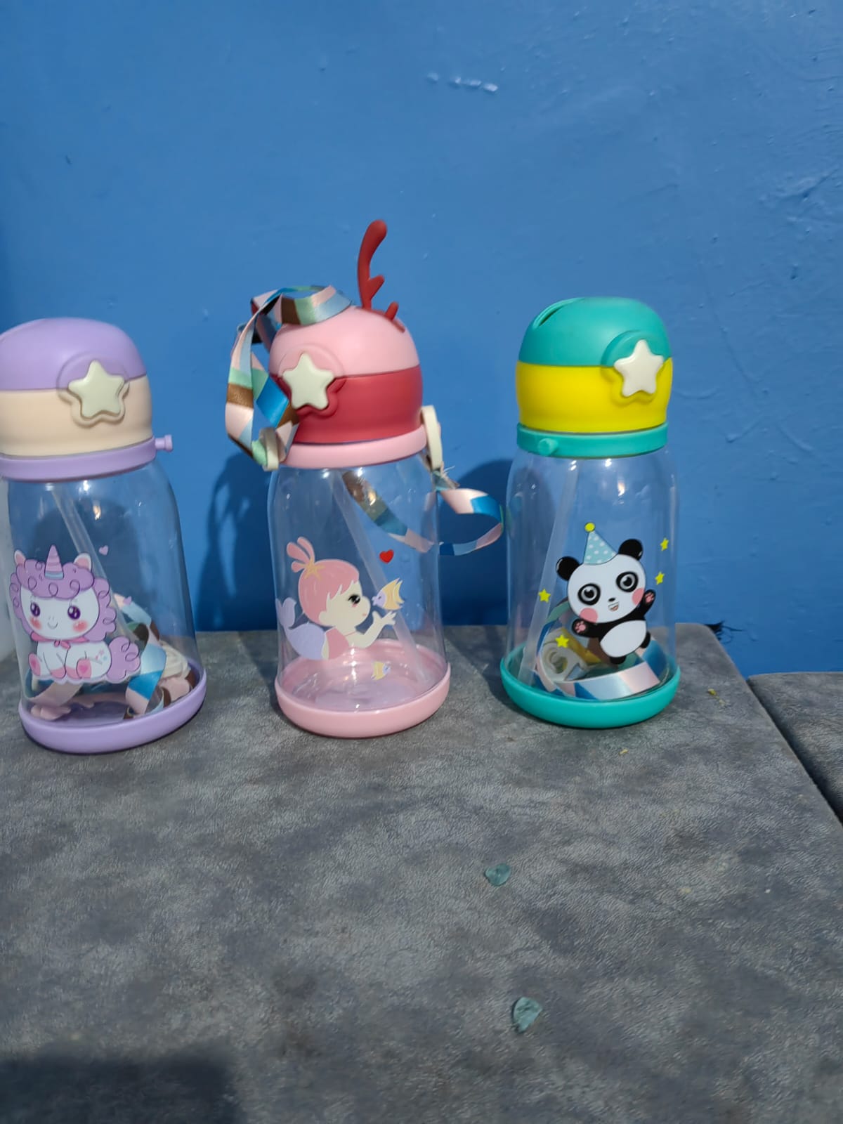 CUTE KIDS BABY WATER BOTTLE WITH STRAW NON-SPILL (ASSORTED CARTOON THEME AND DECORATION) GREEN PINK PURPLE