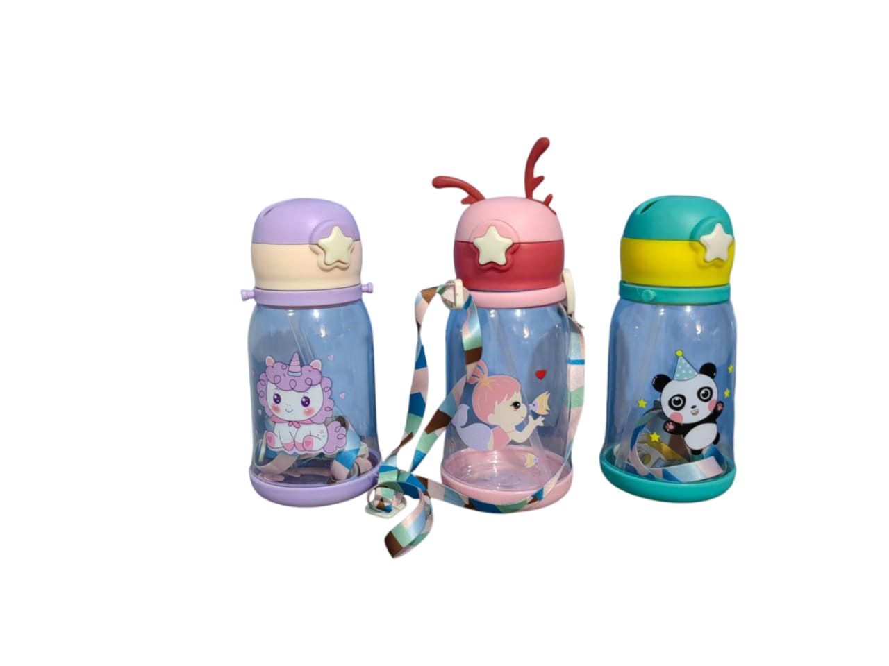 CUTE KIDS BABY WATER BOTTLE WITH STRAW NON-SPILL (ASSORTED CARTOON THEME AND DECORATION) GREEN PINK PURPLE