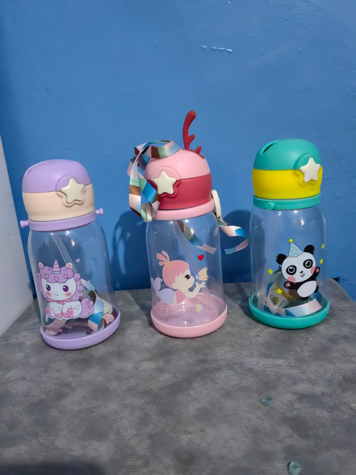 CUTE KIDS BABY WATER BOTTLE WITH STRAW NON-SPILL (ASSORTED CARTOON THEME AND DECORATION) GREEN PINK PURPLE