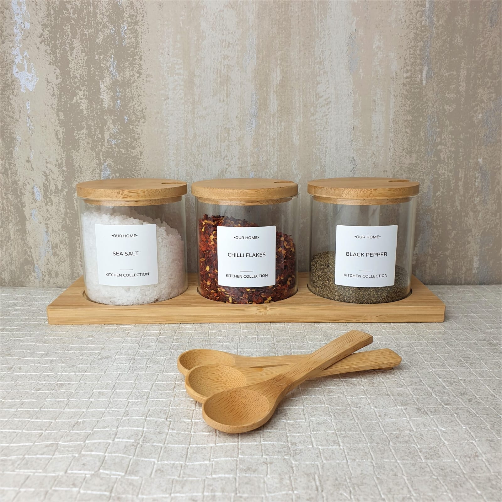 HIGH QUALITY GLASS 3IN1 SUGAR DISH SET WITH BAMBOO STAND, LIDS, AND SPOONS SUGAR BOWLS WITH BAMBOO LIDS AND SPOONS- MULTI-FUNCTIONAL ROUND CONDIMENT JAR FOR HOME- SPICE STORAGE CANISTER