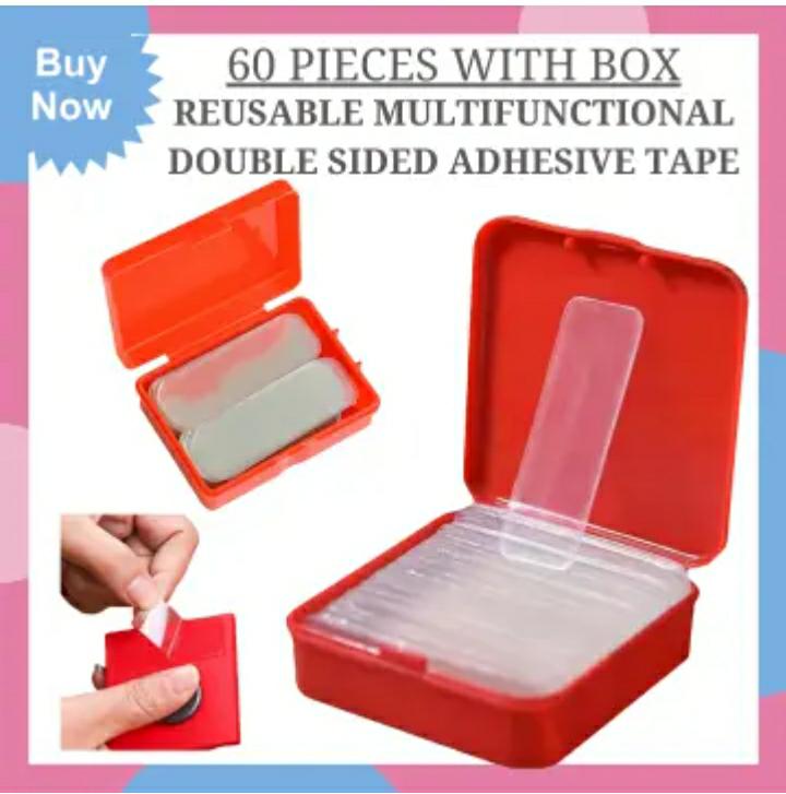60PCS PACK WITH BOX SMALL DOUBLE ADHESIVEDOUBLE SIDED TAPE HEAVY DUTY MOUNTING,CLEAR REMOVABLE WALL STICKY ADHESIVE STRIPS,REUSABLE THICK GEL GRIP FOR HANGING PICTURE,POSTER,CARPET,PHOTO