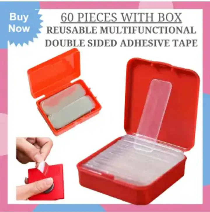 60PCS PACK WITH BOX SMALL DOUBLE ADHESIVEDOUBLE SIDED TAPE HEAVY DUTY MOUNTING,CLEAR REMOVABLE WALL STICKY ADHESIVE STRIPS,REUSABLE THICK GEL GRIP FOR HANGING PICTURE,POSTER,CARPET,PHOTO