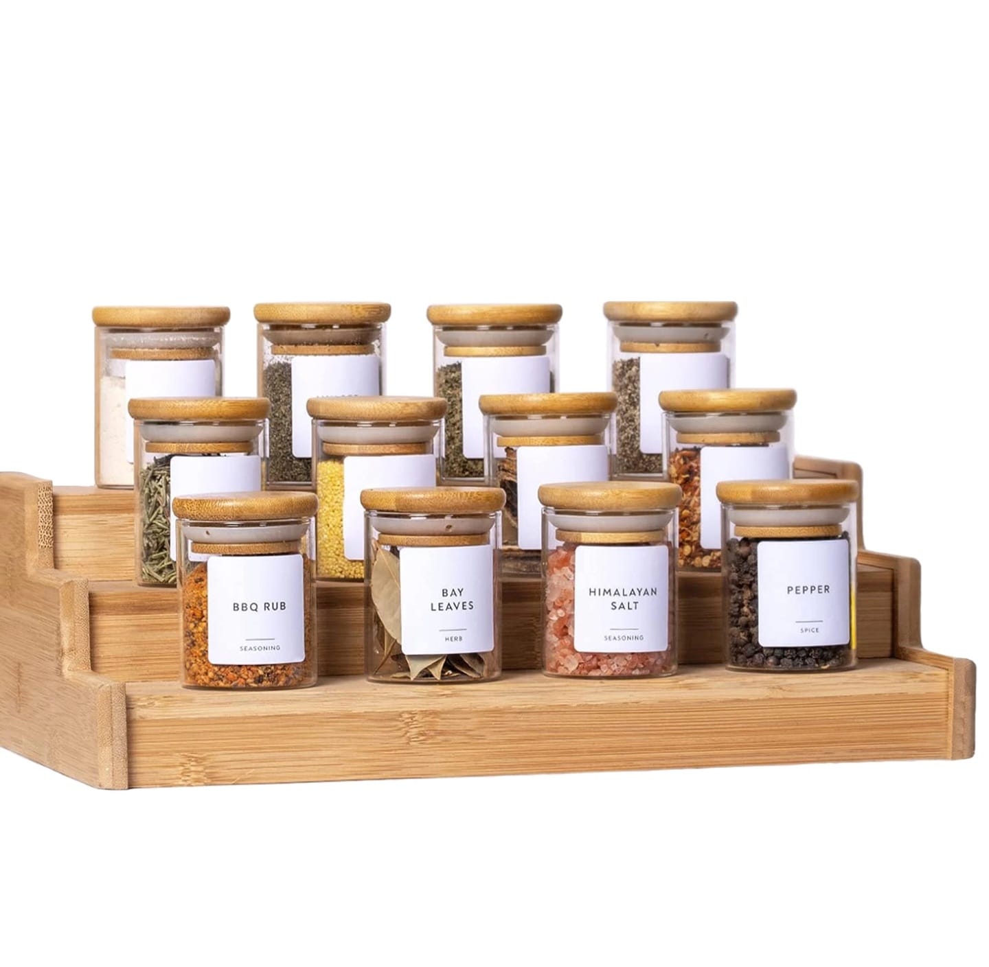 SPICE HOLDERS 12 PIECES WITH BAMBOO STAND 200ML HIGH QUALITY GLASS SPICE JAR SET. MATERIAL GLASS JAR+ BAMBOO LID COME WITH STICKERS PEN + CAPACITY: 200ML ▪AIRTIGHT