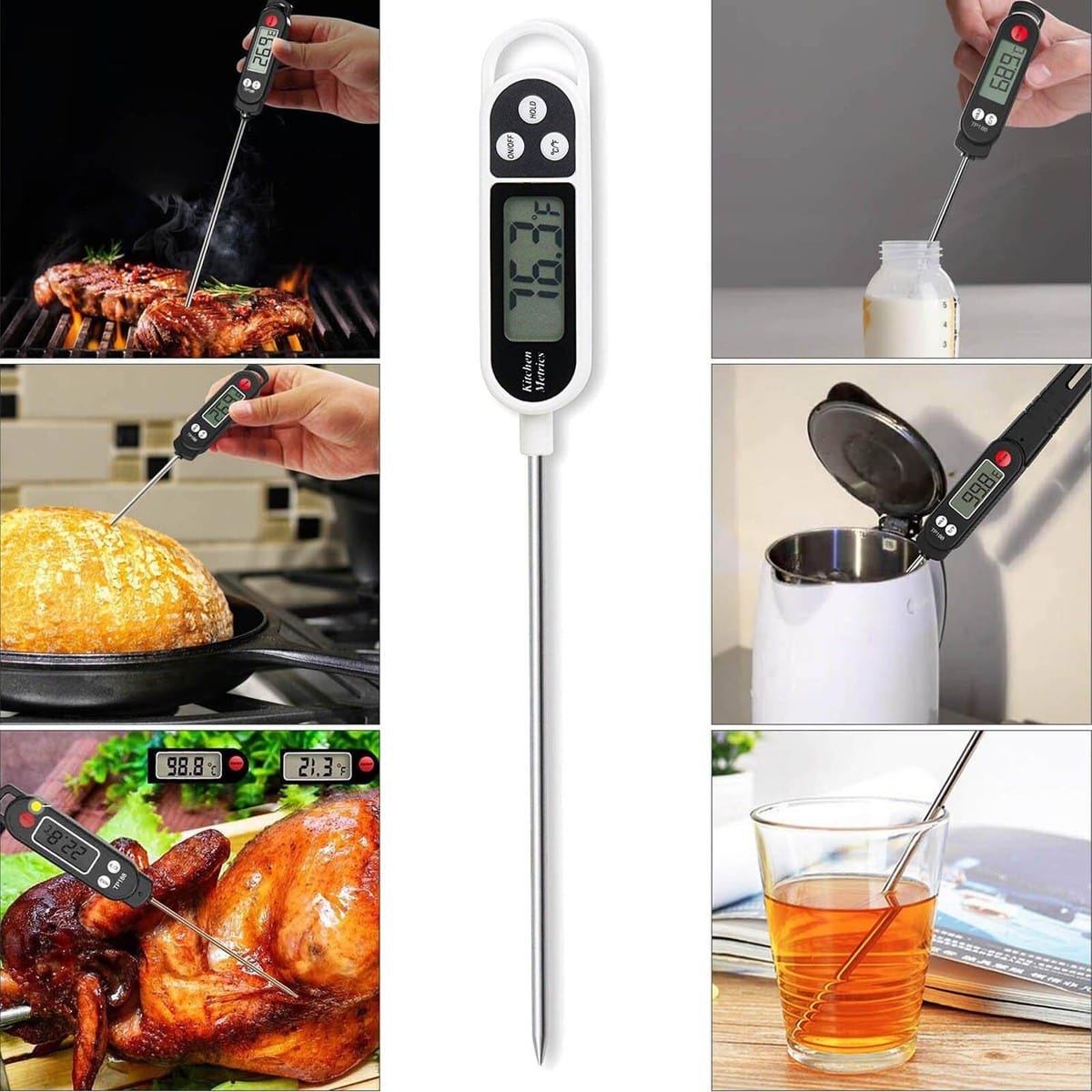 FOOD GRADE DIGITAL THERMOMETERDIGITAL COOKING THERMOMETER FOR BREAD BAKING, FOOD AND WATER TEMPERATURE MEASUREMENT. WATERPROOF AND LONG STEM WITH MEAT TEMPERATURE GUIDE, DISPLAY