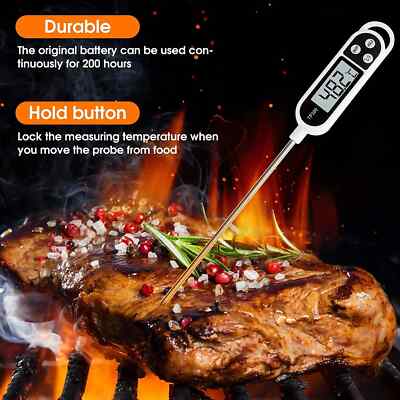 FOOD GRADE DIGITAL THERMOMETERDIGITAL COOKING THERMOMETER FOR BREAD BAKING, FOOD AND WATER TEMPERATURE MEASUREMENT. WATERPROOF AND LONG STEM WITH MEAT TEMPERATURE GUIDE, DISPLAY
