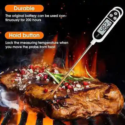 FOOD GRADE DIGITAL THERMOMETERDIGITAL COOKING THERMOMETER FOR BREAD BAKING, FOOD AND WATER TEMPERATURE MEASUREMENT. WATERPROOF AND LONG STEM WITH MEAT TEMPERATURE GUIDE, DISPLAY