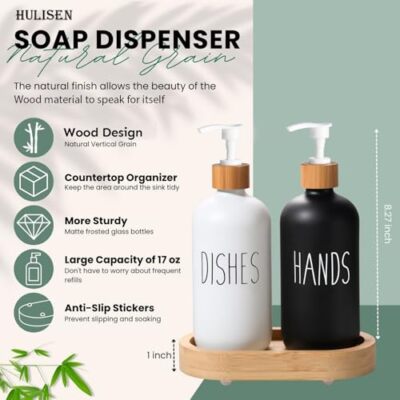 3IN1 HANDS - DISHES, SOAP - LOTION BRANDED  AND UNBRANDED REFILLABLE CERAMIC S BOTTLE WITH BAMBOO BASE REFILLABLE HAND SOAP CONTAINER REUSABLE DETERGENT BOTTLE GLASS SOAP LOTION DISPENSER SET FOR KITC