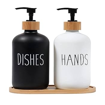 3IN1 HANDS - DISHES, SOAP - LOTION BRANDED  AND UNBRANDED REFILLABLE CERAMIC S BOTTLE WITH BAMBOO BASE REFILLABLE HAND SOAP CONTAINER REUSABLE DETERGENT BOTTLE GLASS SOAP LOTION DISPENSER SET FOR KITC