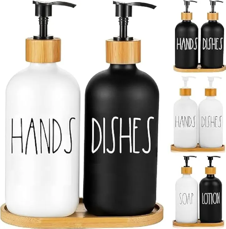 3IN1 HANDS - DISHES, SOAP - LOTION BRANDED  AND UNBRANDED REFILLABLE CERAMIC S BOTTLE WITH BAMBOO BASE REFILLABLE HAND SOAP CONTAINER REUSABLE DETERGENT BOTTLE GLASS SOAP LOTION DISPENSER SET FOR KITC