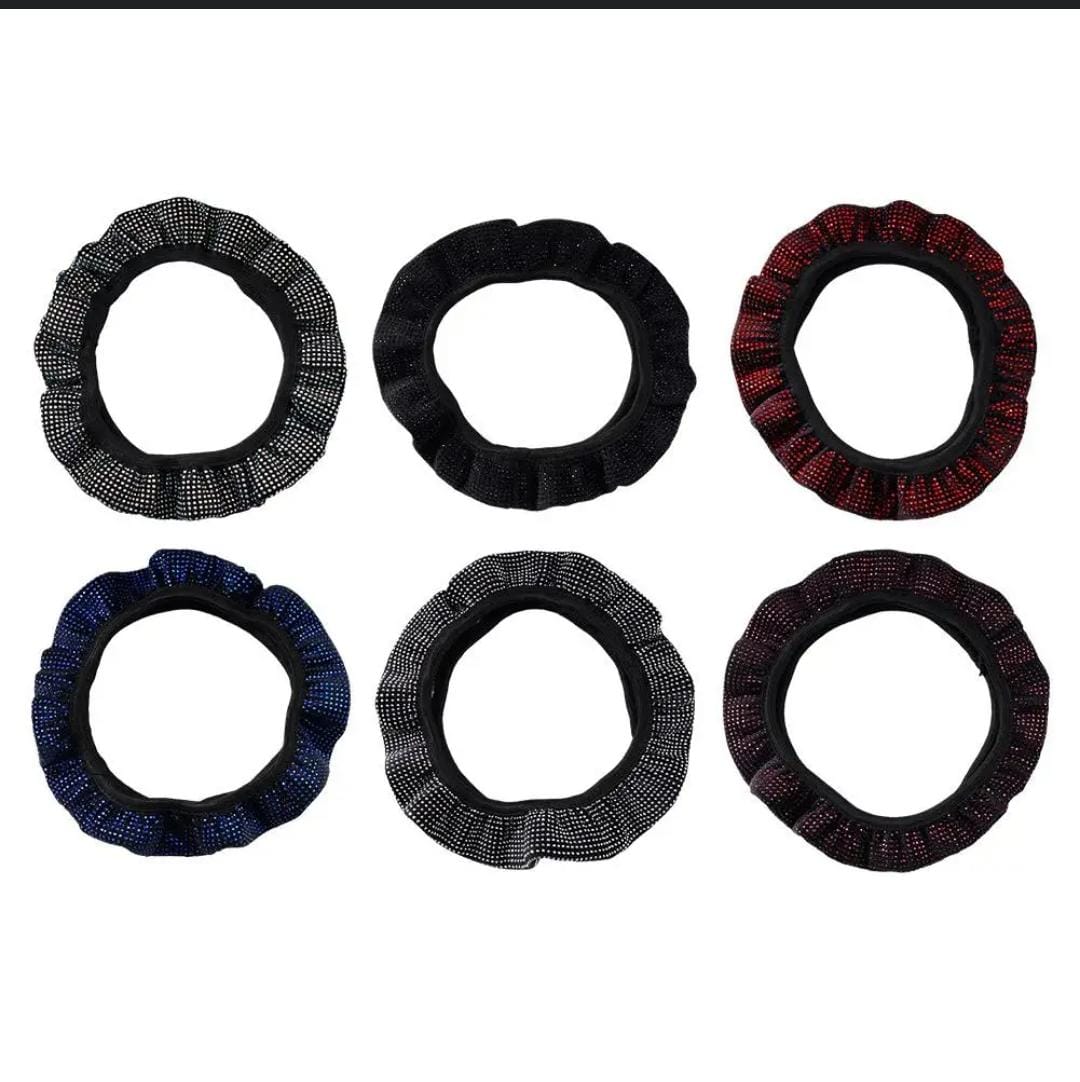FANCY SUPER STRETCHING SPARKLING STEERING WHEEL COVER LUXURY CRYSTAL RHINESTONES STEERING WHEEL COVER, WITH PREMIUM BLING BLING FULL DIAMOND, SOFT VELVET ANTI-SLIP SPARKLING STEERING WHEEL PROTECTOR