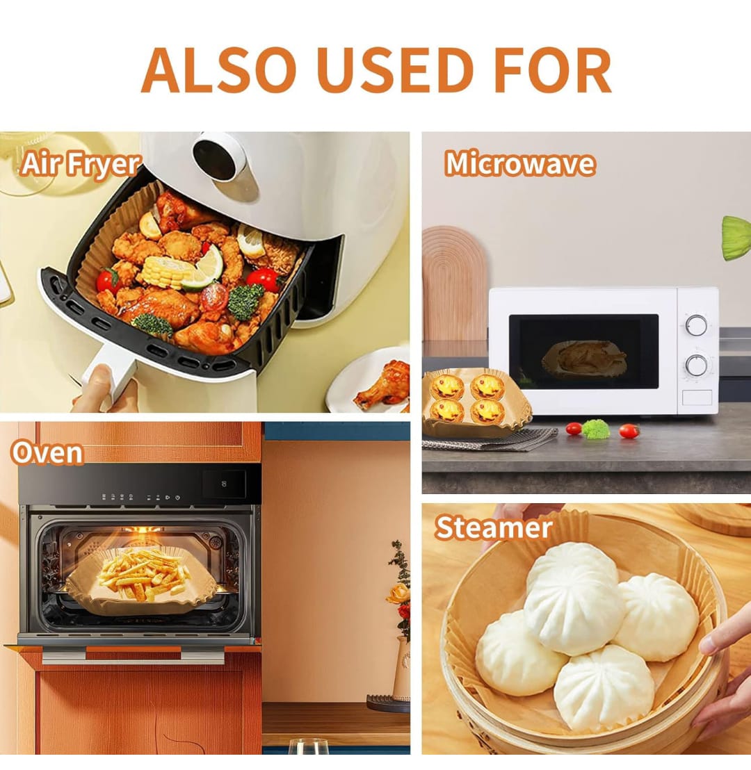 50 PIECES AIR FRYER DISPOSABLE PAPER LINERS/PARCHMENT LINERS HAS 50PCSHEIGHT OF 4.5CMS AND DIAMETER OF 24CM/9.5 HEIGHT -4.5CMS, DIAMETER -16CM/6.5INCHES/ INCHES OIL AND WATER PROOF SQUARE