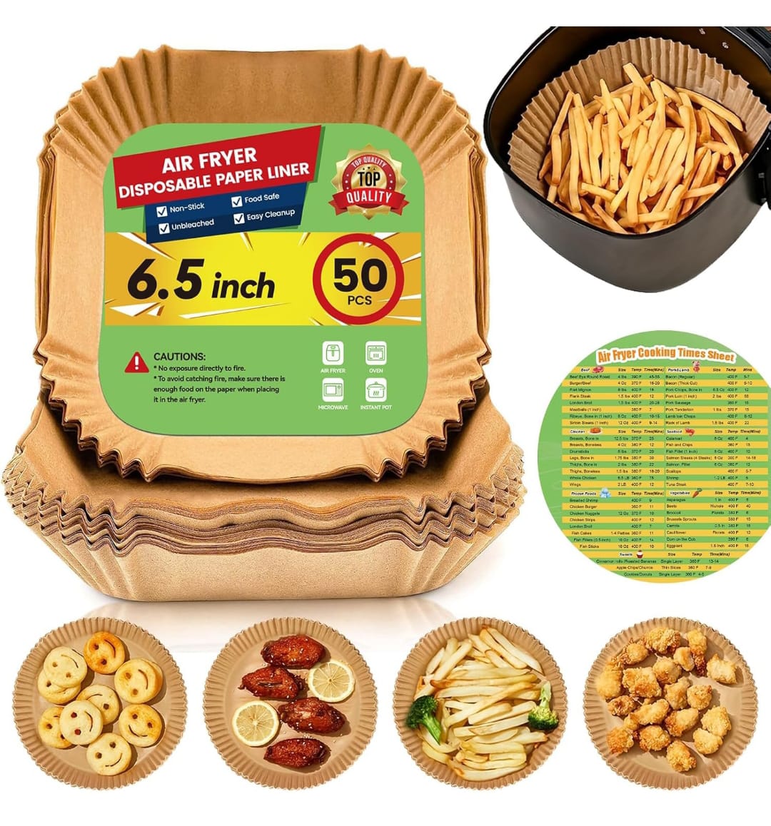 50 PIECES AIR FRYER DISPOSABLE PAPER LINERS/PARCHMENT LINERS HAS 50PCSHEIGHT OF 4.5CMS AND DIAMETER OF 24CM/9.5 HEIGHT -4.5CMS, DIAMETER -16CM/6.5INCHES/ INCHES OIL AND WATER PROOF SQUARE