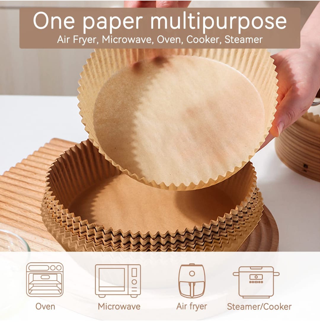 50 PIECES AIR FRYER DISPOSABLE PAPER LINERS/PARCHMENT LINERS HAS 50PCSHEIGHT OF 4.5CMS AND DIAMETER OF 24CM/9.5 HEIGHT -4.5CMS, DIAMETER -16CM/6.5INCHES/ INCHES OIL AND WATER PROOF SQUARE