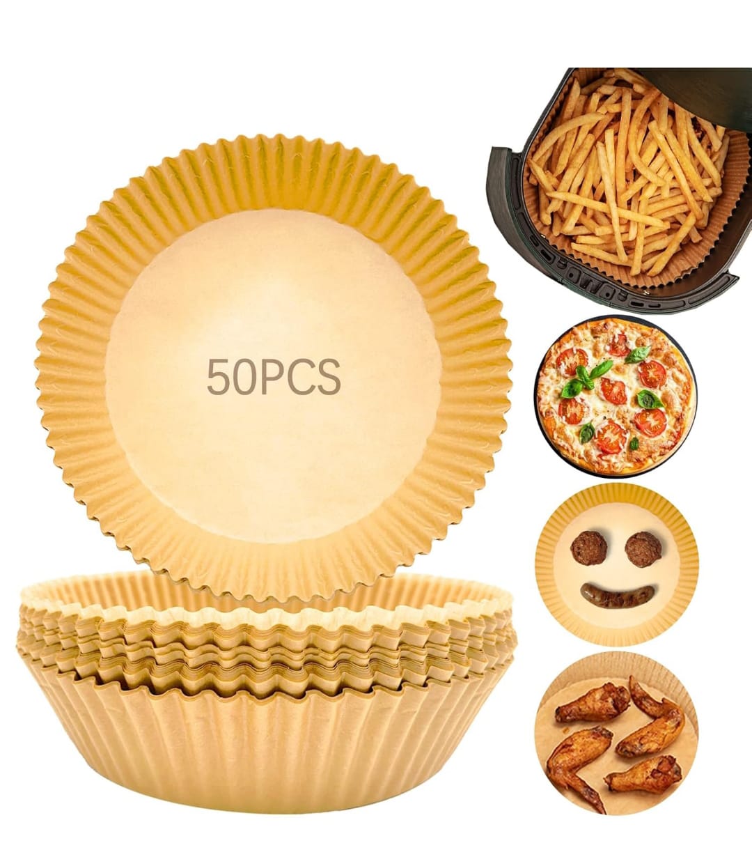 50 PIECES AIR FRYER DISPOSABLE PAPER LINERS/PARCHMENT LINERS HAS 50PCSHEIGHT OF 4.5CMS AND DIAMETER OF 24CM/9.5 HEIGHT -4.5CMS, DIAMETER -16CM/6.5INCHES/ INCHES OIL AND WATER PROOF SQUARE