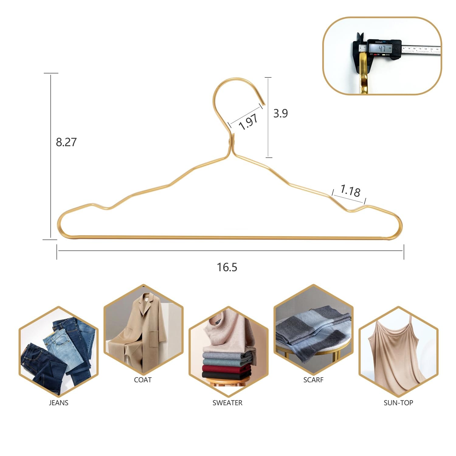 10 PIECES GOLDEN STAINLESS STEEL HANGERS COATS HANGERS, STRONG DURABLE METAL HANGER FOR HEAVY GARMENTS, STURDY METAL RACK FOR SHIRTS JACKETS TROUSERS PANTS SLACK, GOLD