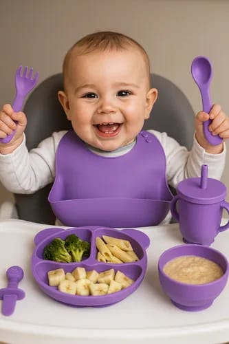 6 PIECES SILICONE BABY FEEDING CUTLERY SET BABY LED WEANING SUPPLIES SELF FEEDING UTENSILS | DIVIDED SUCTION PLATE BOWL BIBS SIPPY CUP WITH BABY SNACK CONTAINER SPOONS FORKS