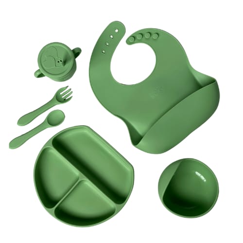 6 PIECES SILICONE BABY FEEDING CUTLERY SET BABY LED WEANING SUPPLIES SELF FEEDING UTENSILS | DIVIDED SUCTION PLATE BOWL BIBS SIPPY CUP WITH BABY SNACK CONTAINER SPOONS FORKS