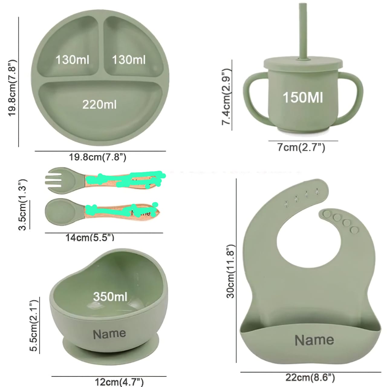 6 PIECES SILICONE BABY FEEDING CUTLERY SET BABY LED WEANING SUPPLIES SELF FEEDING UTENSILS | DIVIDED SUCTION PLATE BOWL BIBS SIPPY CUP WITH BABY SNACK CONTAINER SPOONS FORKS