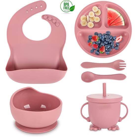 6 PIECES SILICONE BABY FEEDING CUTLERY SET BABY LED WEANING SUPPLIES SELF FEEDING UTENSILS | DIVIDED SUCTION PLATE BOWL BIBS SIPPY CUP WITH BABY SNACK CONTAINER SPOONS FORKS