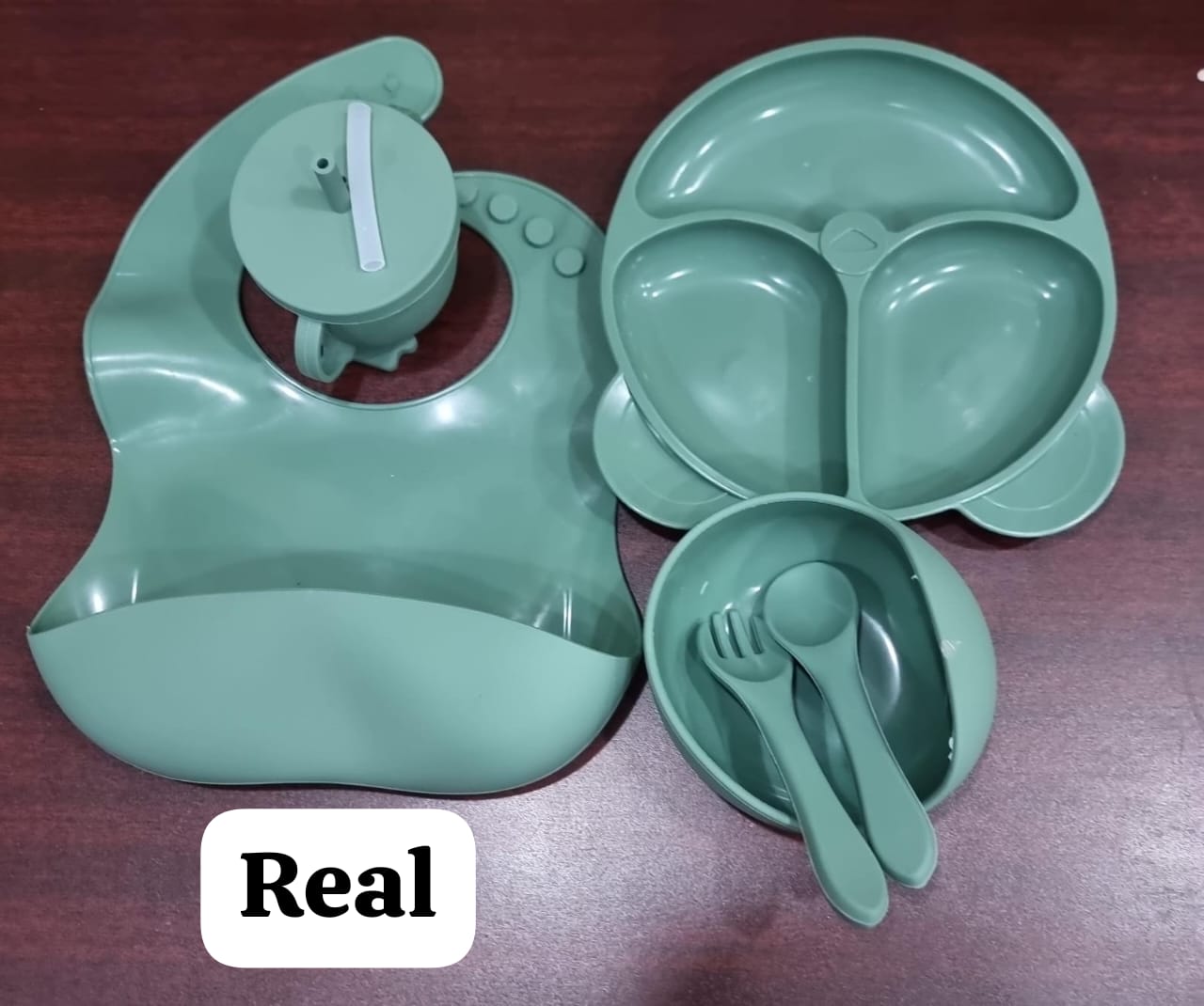 6 PIECES SILICONE BABY FEEDING CUTLERY SET BABY LED WEANING SUPPLIES SELF FEEDING UTENSILS | DIVIDED SUCTION PLATE BOWL BIBS SIPPY CUP WITH BABY SNACK CONTAINER SPOONS FORKS