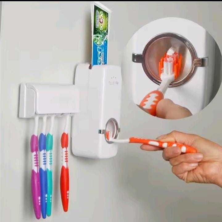WALL MOUNT TOOTHPASTE DISPENSER WITH TOOTHBRUSH HOLDER 5 SLOTS HOLDER WITH COVER, SELF ADHESIVE TOOTHBRUSH STORAGE ORGANIZER FOR SHOWER, TOOTHBRUSH HANGER WITH AUTOMATIC TOOTHPASTE SQUEEZER DISPENSER