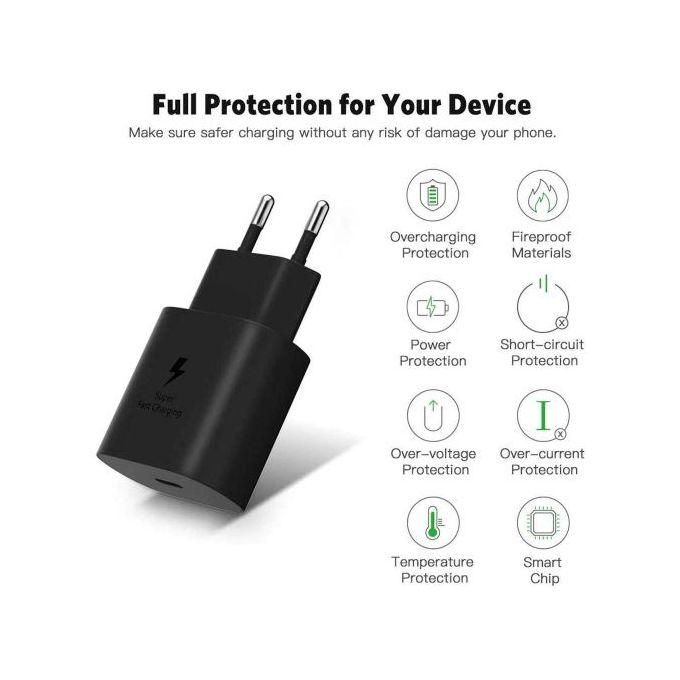 Samsung 25W Black 2-pin, Type-C to C Fast Charger Adapter/Header, USB-C Output, Compatible with Galaxy A15, A25, A05s, S20 FE, S23 FE & All Type-C Devices