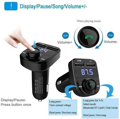 Multifunction Car Bluetooth Adapter with Hands-Free Calling, TF Card Slot, 2 USB Ports, and Easy Playback Controls