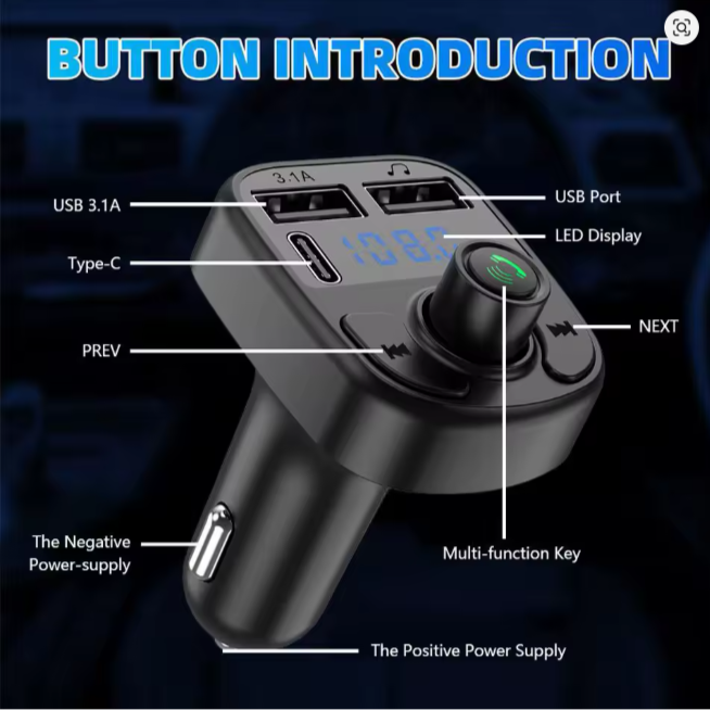 C1 Car Bluetooth MP3 Player & FM Transmitter with two USB charging ports, TYPE-C output charging port and TF Card Support