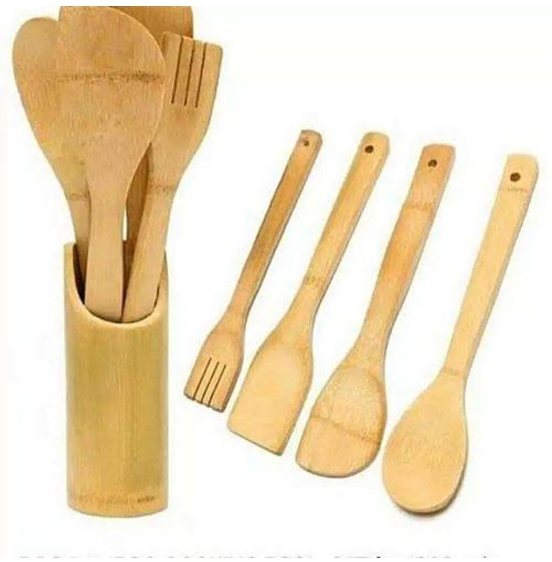 BAMBOO MWIKO SET🌱5 Pcs Bamboo Wooden Cooking Spoons Spatula Stick/Mwiko Set🔅✔️.Wooden kitchen utensils for cooking, frying, steaming, brewing, etc. Meet your various cooking needs