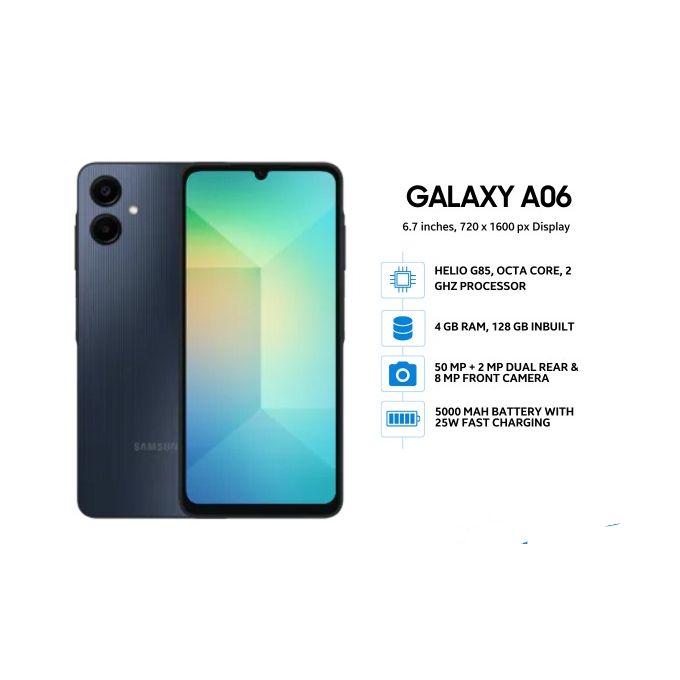 CLEARANCE SALE!!! SAMSUNG A06 6.7 INCHES 4GB RAM 64GB ROM,50MP CAMERA,5000mAH BATTERY, DUAL SIM BLACK PLUS FREE ADAPTER