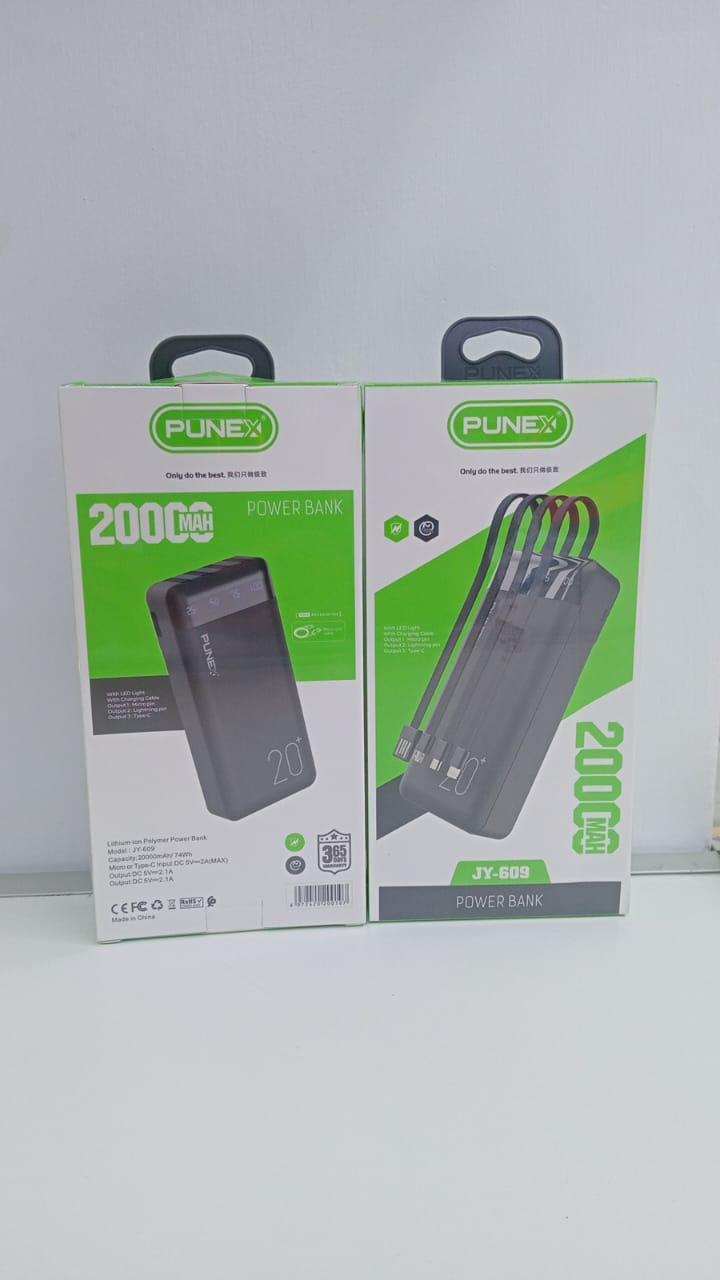 JY-609 20000mAh power bank. This portable charger is designed to recharge electronic devices like smartphones and