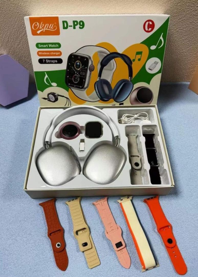 Smart Watch Combo Set with Wireless Charger, 7 Replaceable Watch Straps, Bluetooth Over-Ear Headphones, Multi-Device Charging Cable, and Stylish Gift Box – Fitness Tracker Smartwat