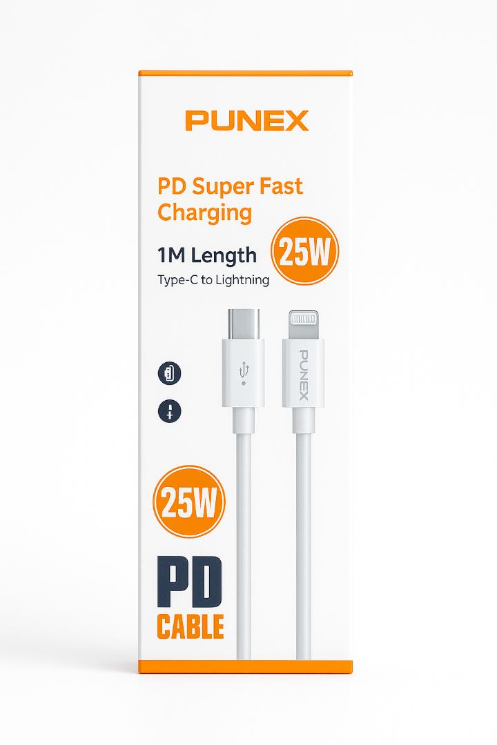 Punex 25W PD Super Fast Charging Cable – Type-C to Lightning, 1M Length, High-Speed Data & Charging, White
)