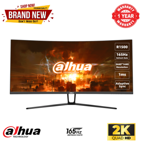 Brand New Dahua E330C 34 Inch WQHD  3440*1440 Curved Gaming Monitor1500R curvature 165Hz Refresh Rate 1ms  response time  Adaptive sync  300 nits Brightness 1 year warranty