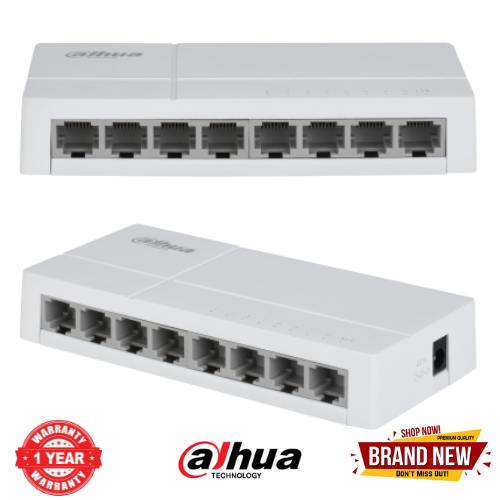 DAHUA SF1008L: 8-Port Unmanaged Ethernet Switch with 10/100 Mbps adaptive ports, compact plug & play design, reliable high-speed connectivity for home, office, and small business networks