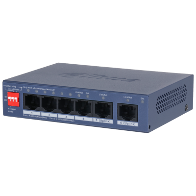 DAHUACS4006-4ET2GT-36 6-Port Cloud Managed Desktop Switch with 4-Port PoE (4X RJ-45 10/100 Mbps PoE ports) 2 x 10/100/1000 Mbps (uplink) 36W Easy config to auto detect and set up network