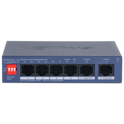 DAHUACS4006-4ET2GT-36 6-Port Cloud Managed Desktop Switch with 4-Port PoE (4X RJ-45 10/100 Mbps PoE ports) 2 x 10/100/1000 Mbps (uplink) 36W Easy config to auto detect and set up network