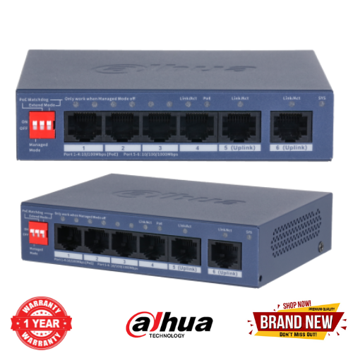 DAHUACS4006-4ET2GT-36 6-Port Cloud Managed Desktop Switch with 4-Port PoE (4X RJ-45 10/100 Mbps PoE ports) 2 x 10/100/1000 Mbps (uplink) 36W Easy config to auto detect and set up network