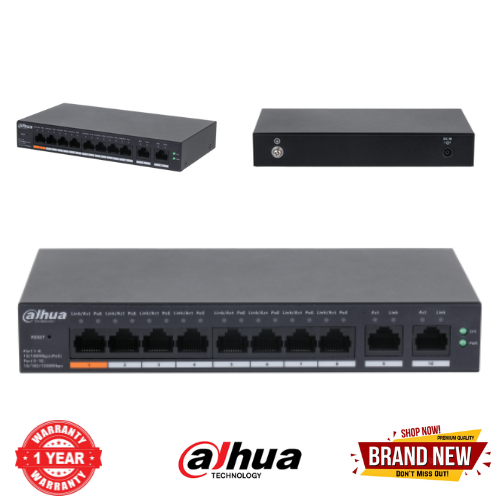 DAHUA CS4010-8ET-60 10-Port Cloud Managed Desktop Switch with 8-Port PoE RJ-45 10/100 Mbps,2 × RJ-45 10/100/1000 Mbps (uplink), 60W.