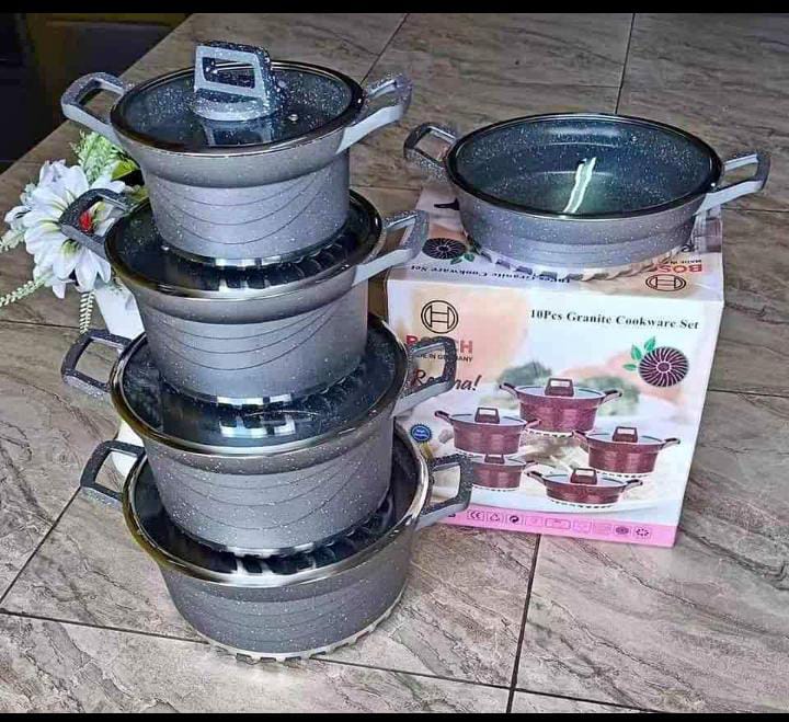 ✴️ *Bosch 10pc Cookware sets*🍒🍒Granite Nonstick Set highly durable, easy to clean, even heat distribution, comfortable soft handles, stay cool during use premium aluminum material