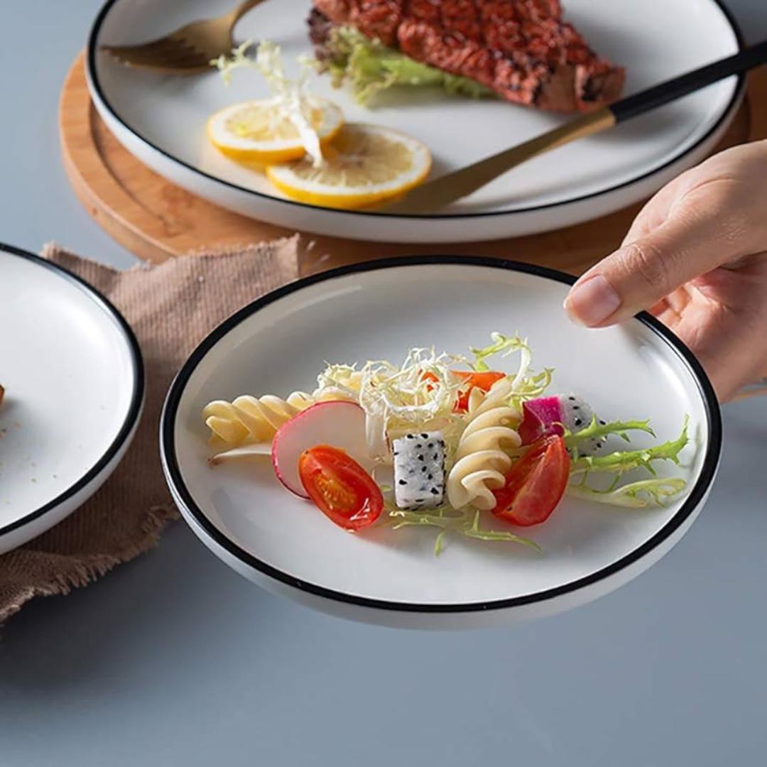 6 pc Japanese side plates ,Porcelain Appetizer Plates, White with Black Edges Dinner Side Dishes Serving Plate, Dessert, Salad, Snacks Plate, Set of 6