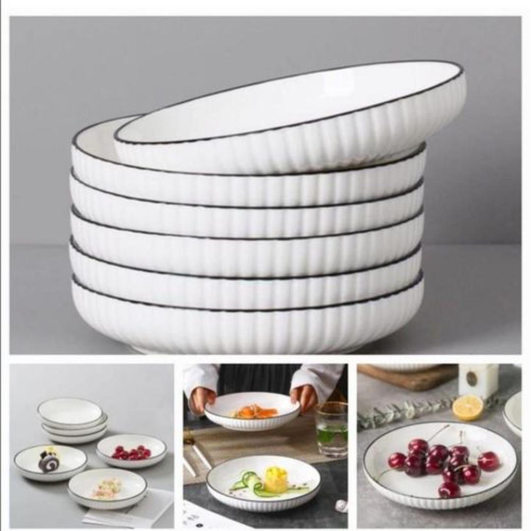 6 pc Japanese side plates ,Porcelain Appetizer Plates, White with Black Edges Dinner Side Dishes Serving Plate, Dessert, Salad, Snacks Plate, Set of 6