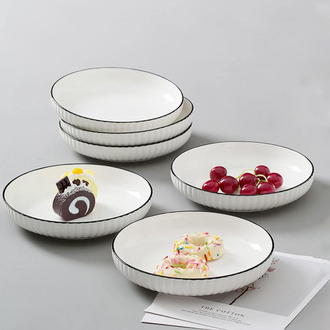 6 pc Japanese side plates ,Porcelain Appetizer Plates, White with Black Edges Dinner Side Dishes Serving Plate, Dessert, Salad, Snacks Plate, Set of 6